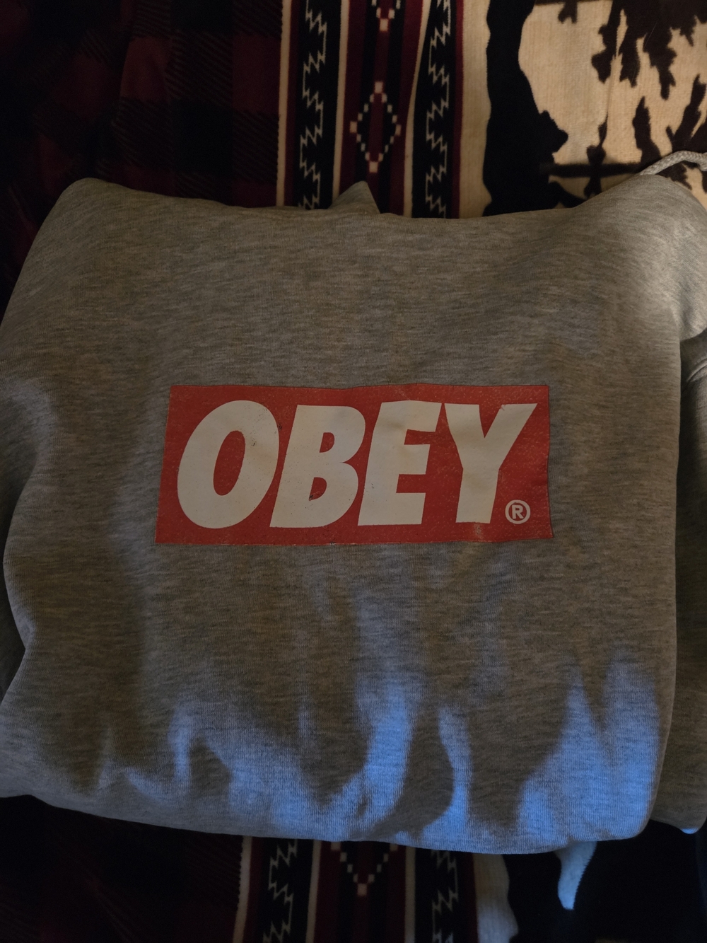 Obey Gray Hoodie with Red Box Logo and White Lettering